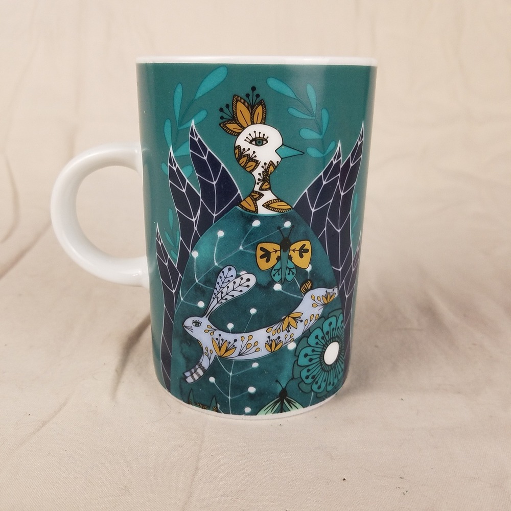 Danica Studio Tall Coffee Mug Teal Whimsical Forest Fox Rabbit Peacock NWOT‎